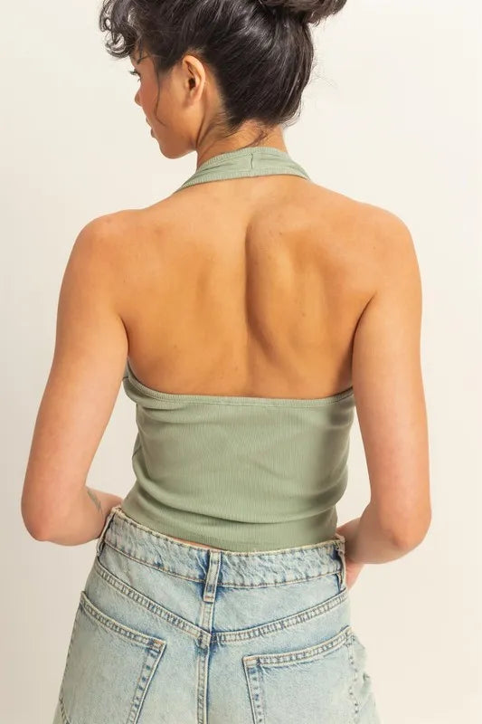 HYFVE Halter Neck Buttoned Washed Top in Sage