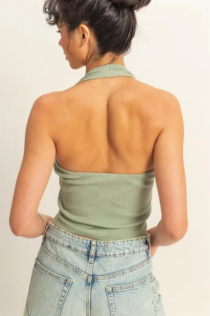 HYFVE Halter Neck Buttoned Washed Top in Sage