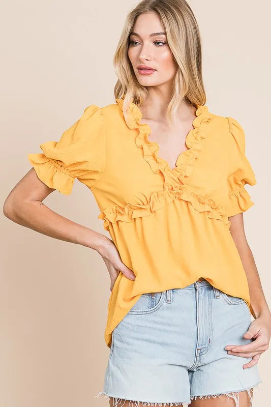 Lime 'N' Chili Solid Ruffled Deep V-Neck Puff Sleeve Babydoll Top in Mango