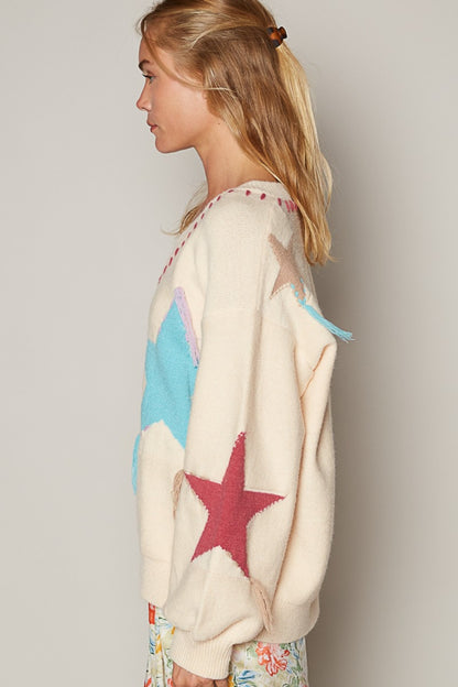 POL V-Neck Long Sleeve Star Fringe Sweater