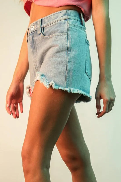 VERY J Raw Hem Pocketed Contrast Washed Denim Shorts