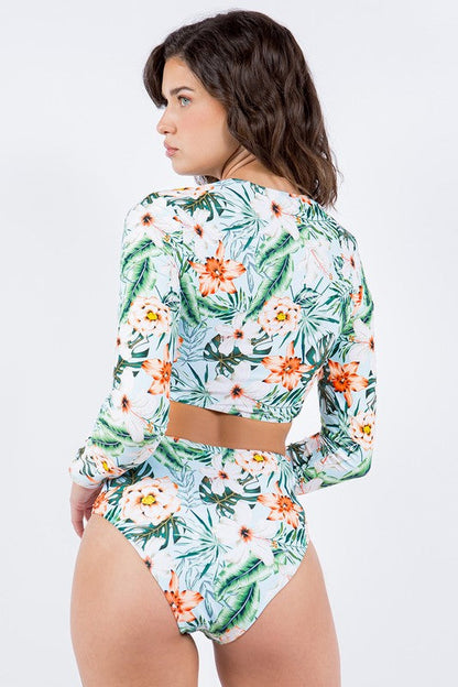 Two Piece Floral Prints with Long Sleeve Bikini