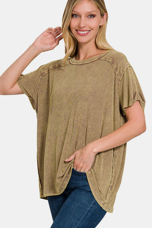 Zenana Washed Ribbed Short Sleeve Top