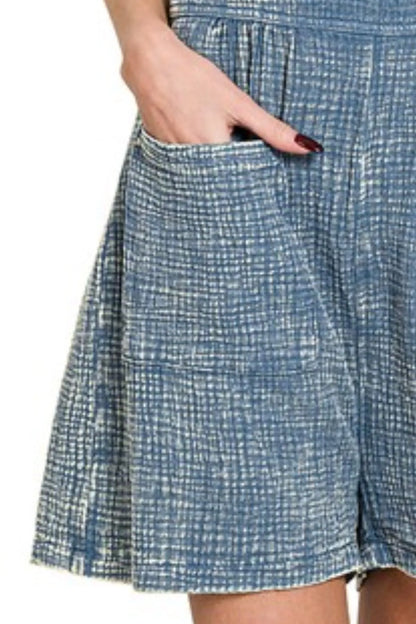 Zenana Woven Double Gauze Acid Washed Romper in Blue