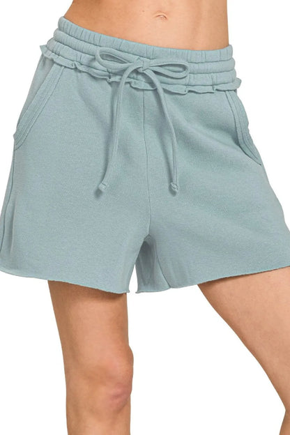 Zenana Fleece Raw Hem Shorts With Draw String