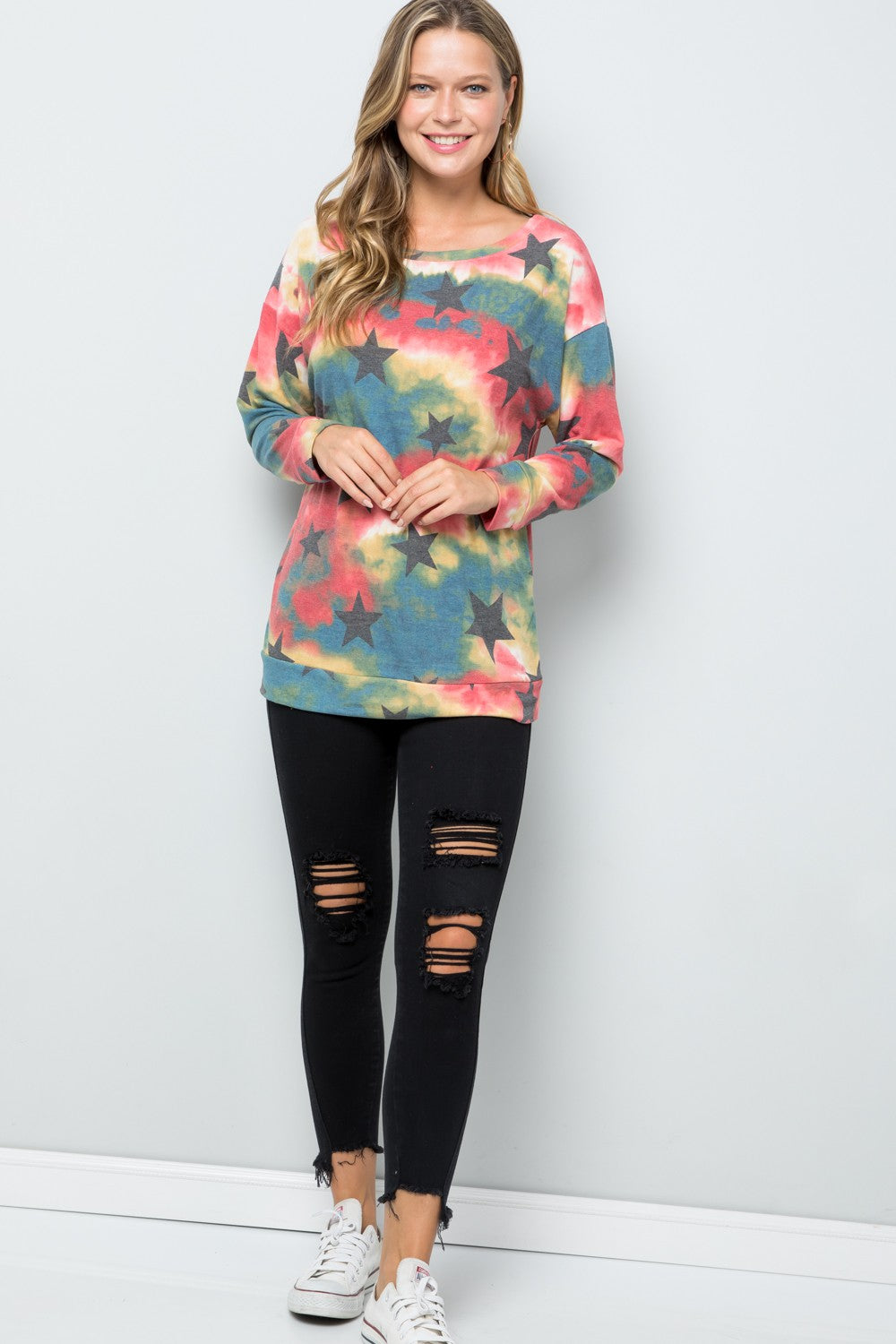 Celeste Tie-Dye Star Round Neck Long Sleeve T-Shirt