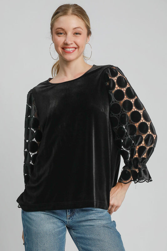 Umgee Polka Dot Lace Long Sleeve Round Neck Blouse