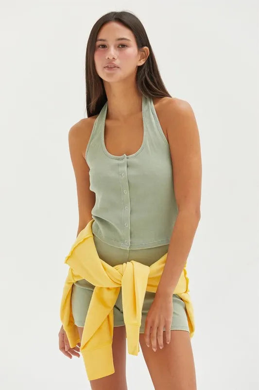 HYFVE Halter Neck Buttoned Washed Top in Sage