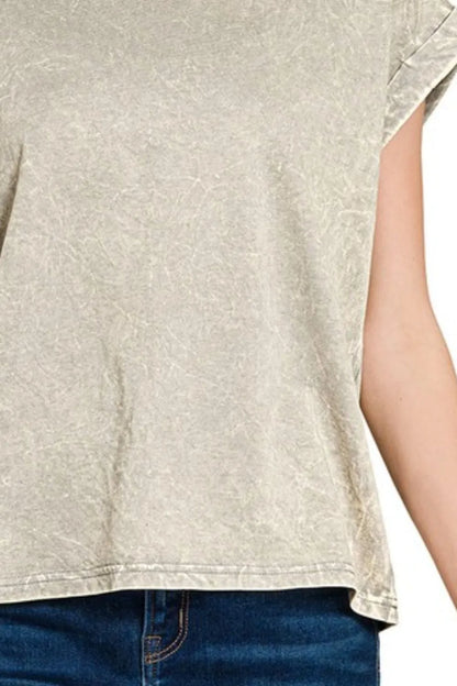 Zenana Crinkle Washed Round Neck Folded Short Sleeve Tee in Sleet