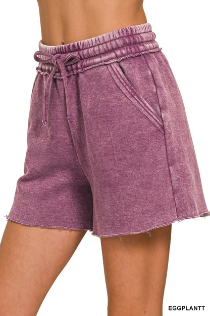 Zenana Acid Wash Fleece Drawstring Shorts With Pockets in Eggplant