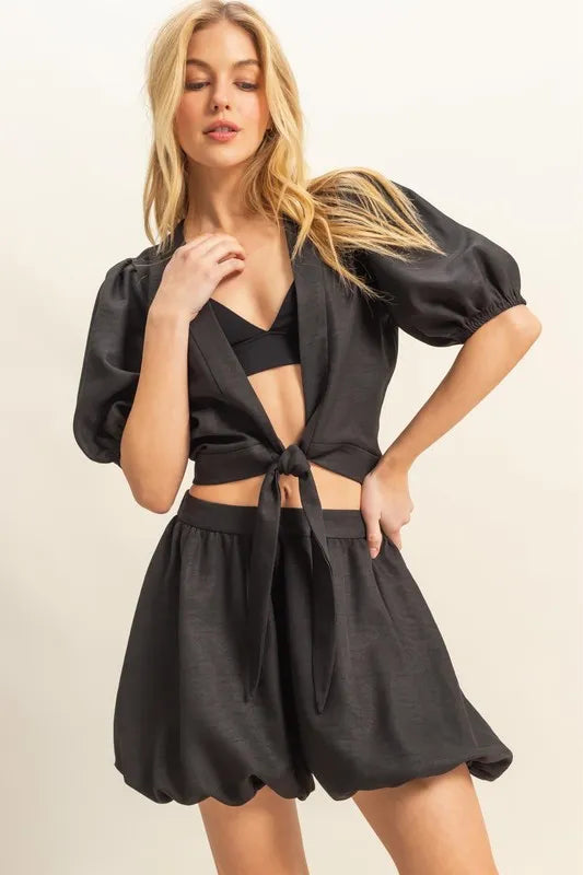 HYFVE Front Tie Top and Bubble Hem Shorts in Black