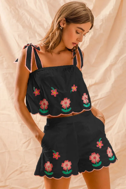 SO ME Flower Embroidered Tank Top and Shorts Set