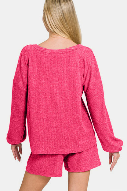 Zenana V-Neck Long Sleeve Ribbed Top and Shorts Set in Strawberry