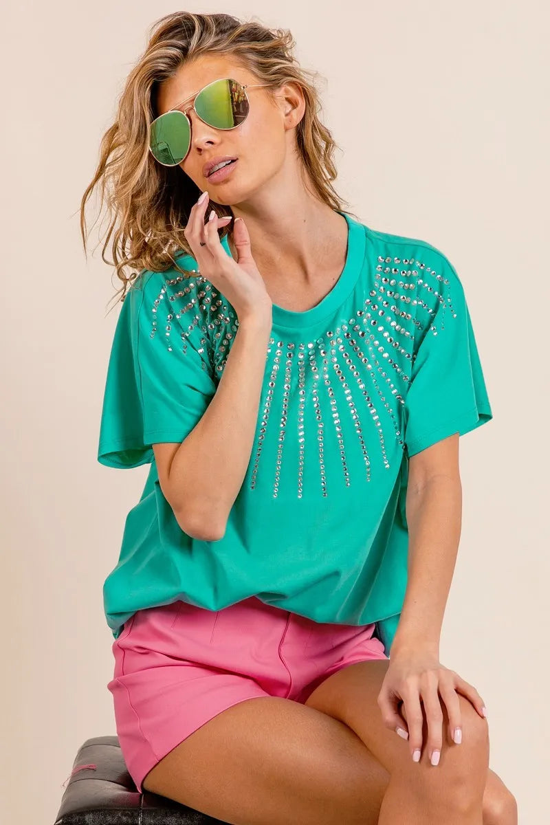 BiBi Rhinestone Beaded Short Sleeve Top in Jade