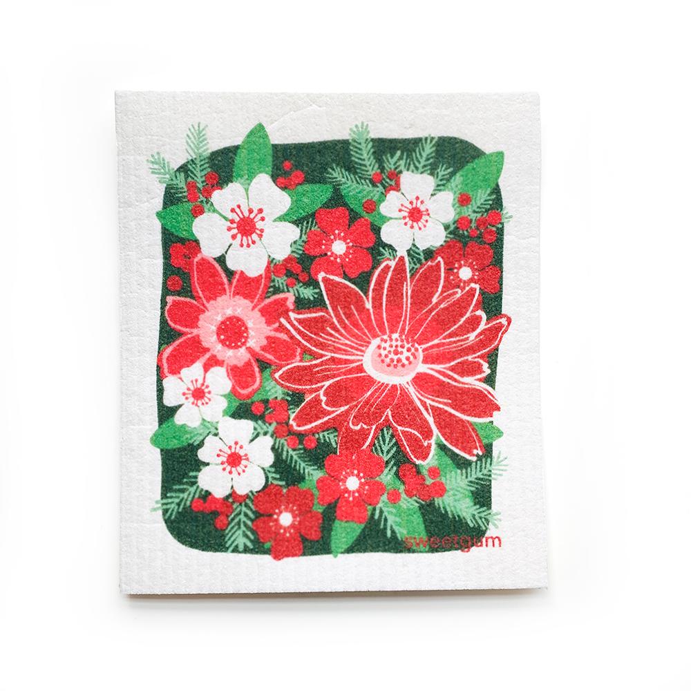 Winter Flowers Poinsettia Swedish Dishcloth