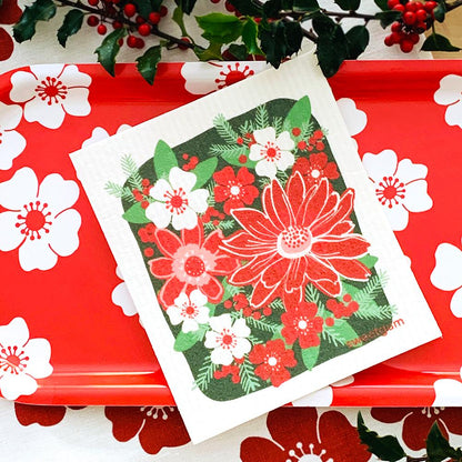 Winter Flowers Poinsettia Swedish Dishcloth