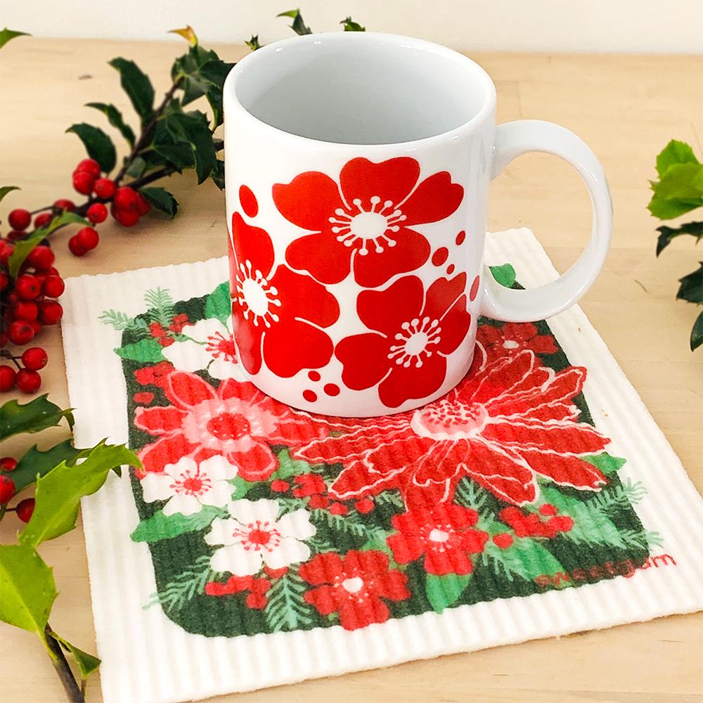 Winter Flowers Poinsettia Swedish Dishcloth