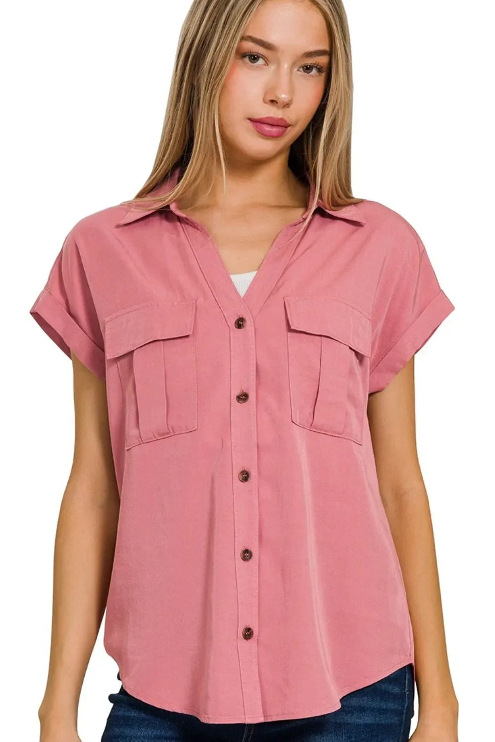 Zenana Tencel V-neck Collared Top W Front Flap Pockets in Rose