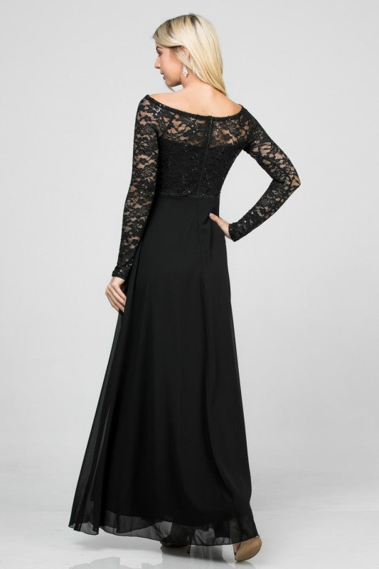 La Scala Long Sleeve Lace and Chiffon A-Line Gown