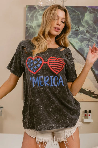 BiBi 4th Of July Theme Mineral Washed Laser Cut Top