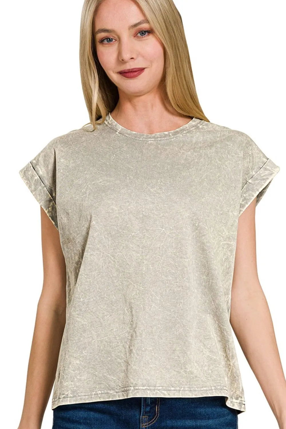 Zenana Crinkle Washed Round Neck Folded Short Sleeve Tee in Sleet