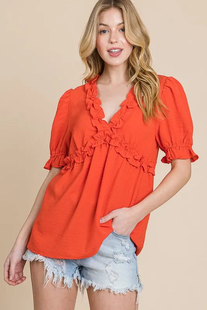 Lime 'N' Chili Solid Ruffled Deep V-Neck Puff Sleeve Babydoll Top in Orange