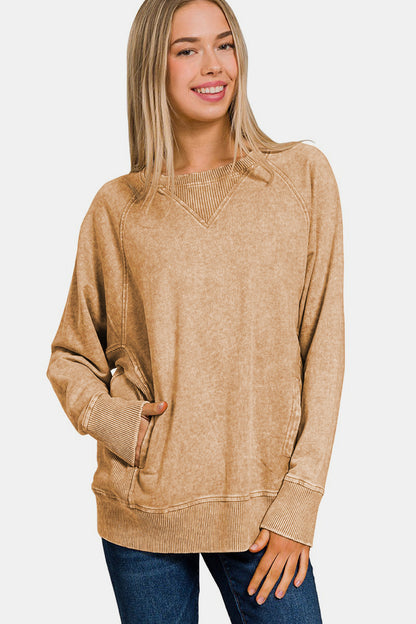 Zenana Pocketed Round Neck Sweatshirt