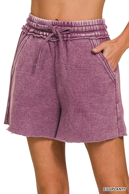 Zenana Acid Wash Fleece Drawstring Shorts With Pockets in Eggplant