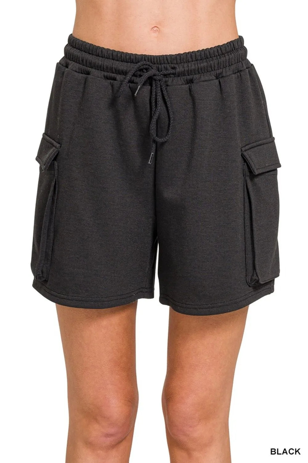 Zenana Scuba Thigh Pocket Shorts in Black