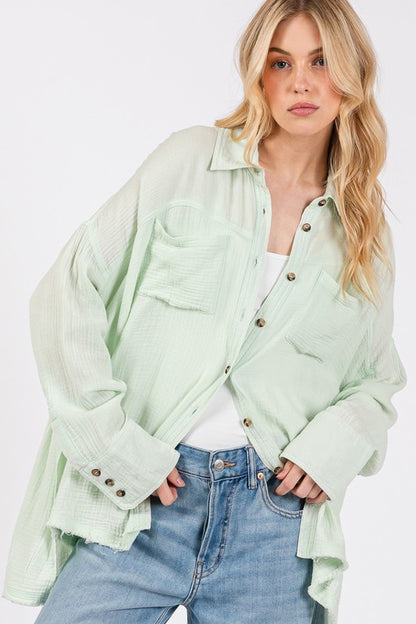 SAGE + FIG Frayed Hem Side Slit Button Down Shirt