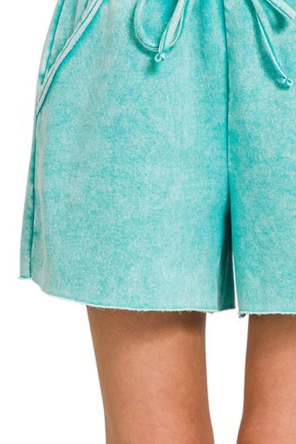 Zenana Acid Wash Fleece Drawstring Shorts With Pockets in Turqoise