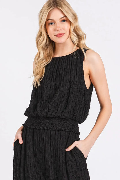 Mittoshop Textured Stretchy Crop Tank and Pants Set in Black