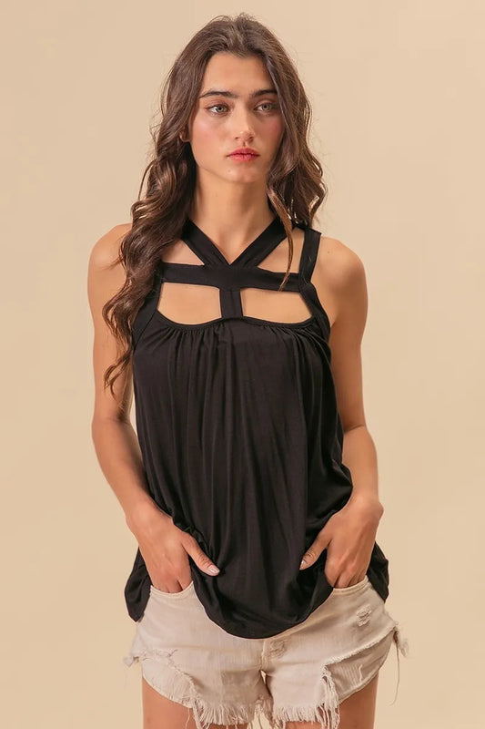 BiBi Rayon Span Jersey Cut Out with Straps Detailed in Black