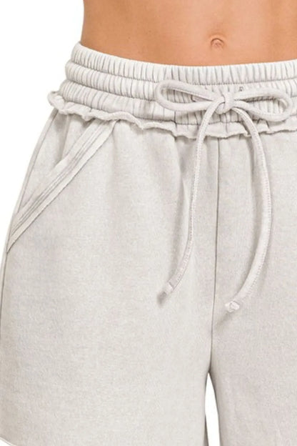 Zenana Acid Wash Fleece Drawstring Shorts With Pockets in Cement