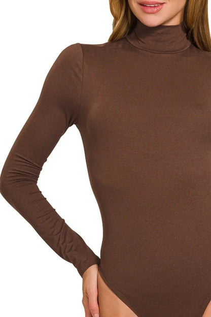 Zenana Mock Neck Long Sleeve Bodysuit in Mahogany