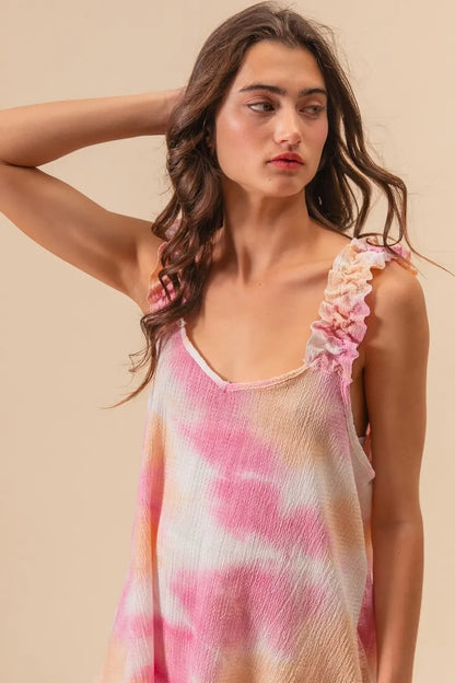 BiBi Tie Dye Printed Textured Woven Top with Ruffled Sleeve