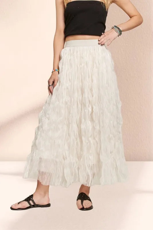 ADORA Elastic Waist Cloud Fluffy Maxi Skirt in Beige