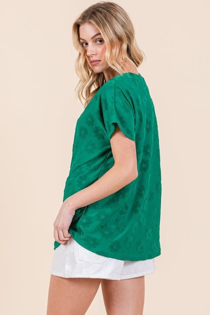 BOMBOM Textured Floral Pattern Short Sleeve Green T-Shirt