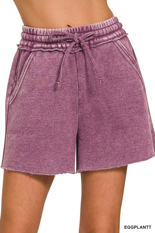 Zenana Acid Wash Fleece Drawstring Shorts With Pockets in Eggplant