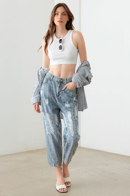 Litz La Washed Barrel Leg High Waist Distressed Jeans