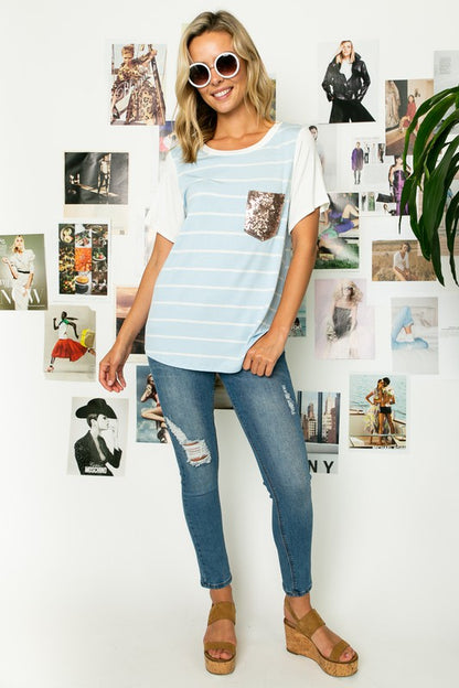 PLUS BIG STRIPE SEQUINS POCKET BOXY TOP