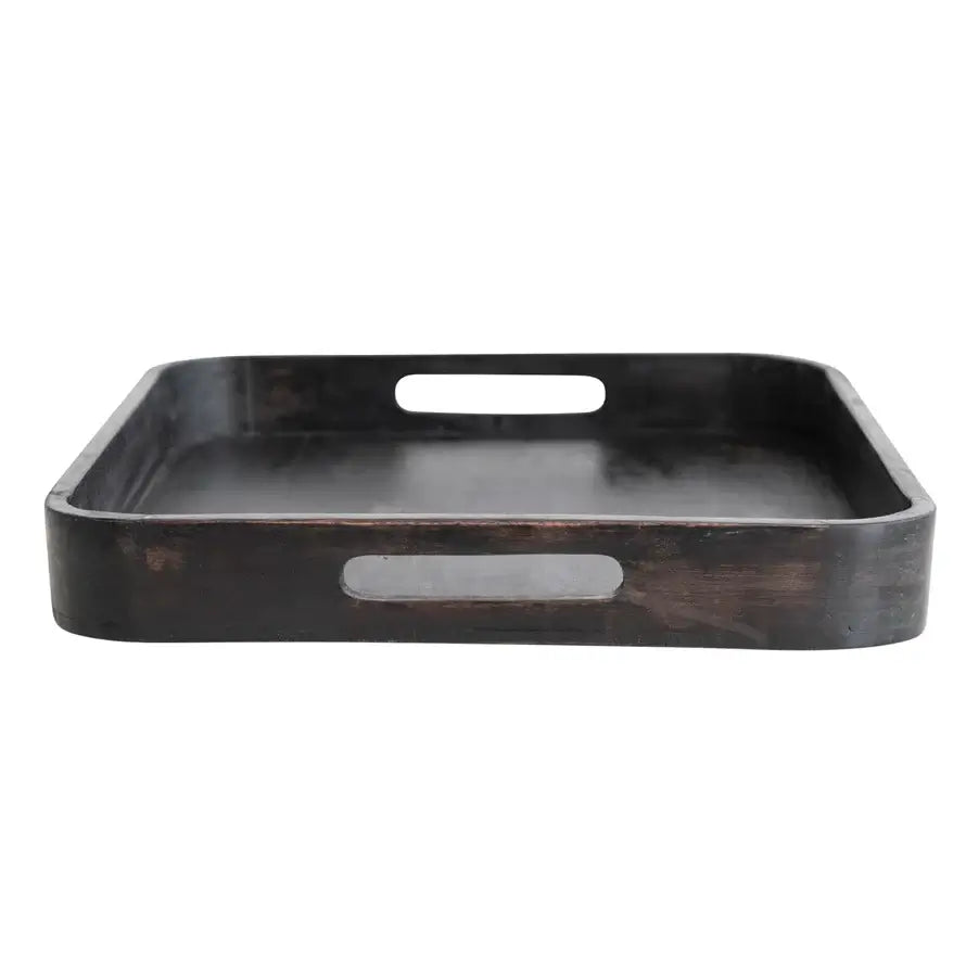 Decorative Mango Wood Tray with Handles, Black
