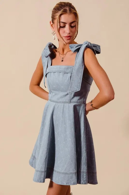 SO ME A Line Fit and Flare Diamond Bow Ribbon Denim Dress