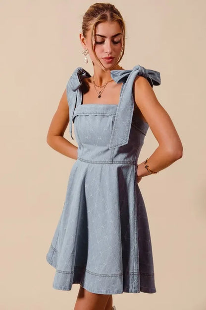 SO ME A Line Fit and Flare Diamond Bow Ribbon Denim Dress