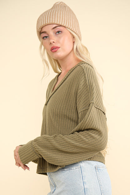 VERY J Exposed Seam Slightly stretchy V-Neck Ribbed Knit Top