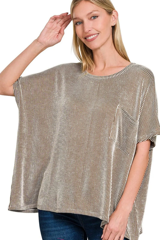 Zenana Corded Rib Oversized Short Sleeve Top in Brown