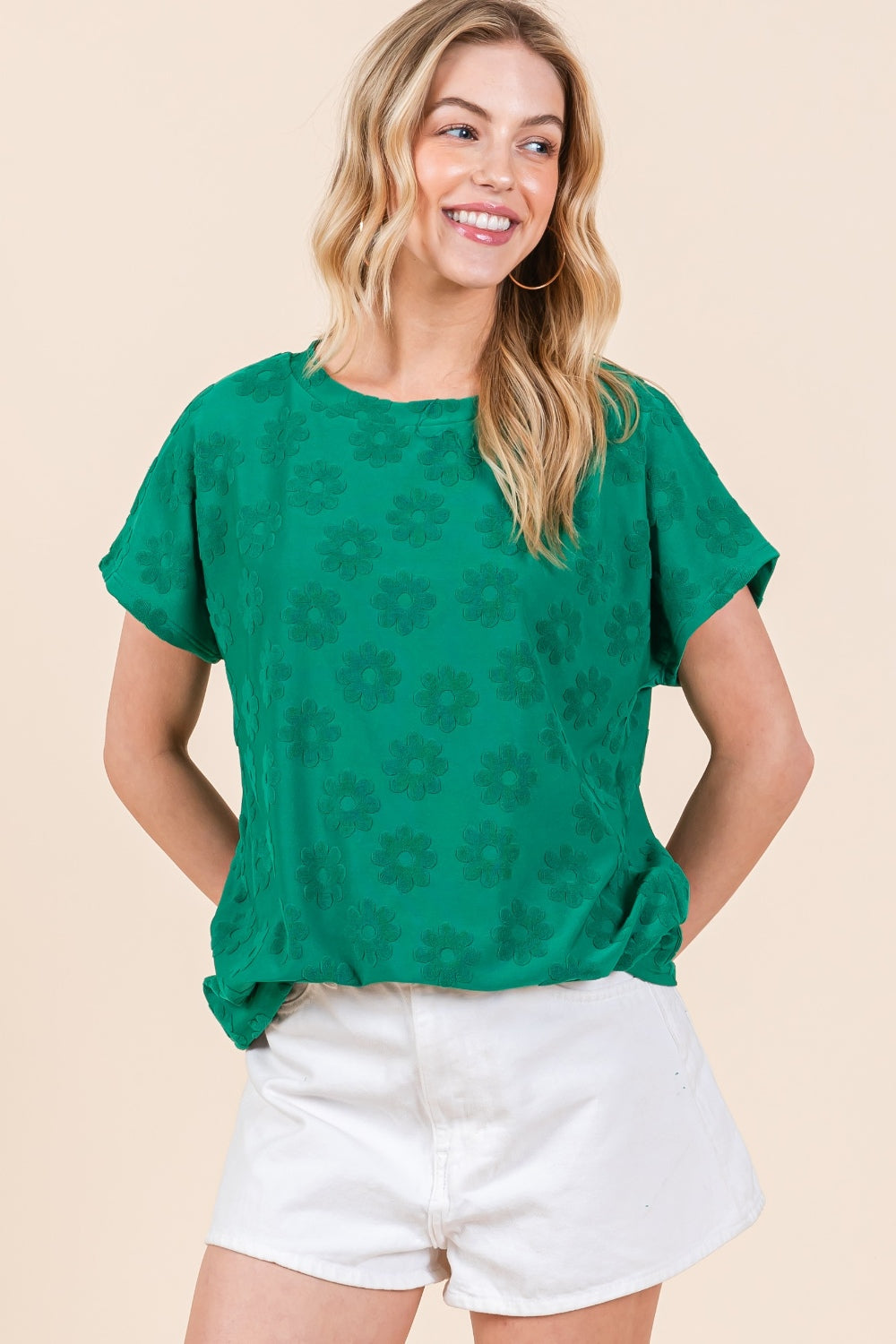 BOMBOM Textured Floral Pattern Short Sleeve Green T-Shirt