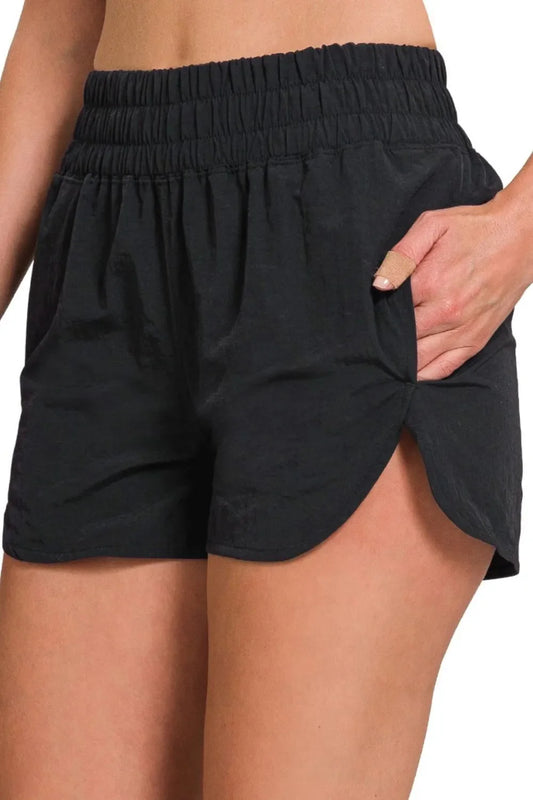 Zenana Windbreaker Smocked Waistband Running Shorts in Black