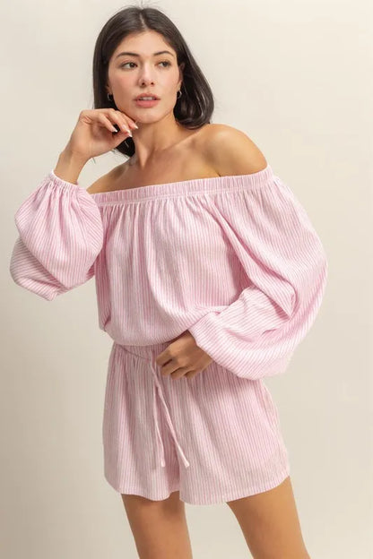 HYFVE Off Shoulder Top and Shorts Set in Pink & White