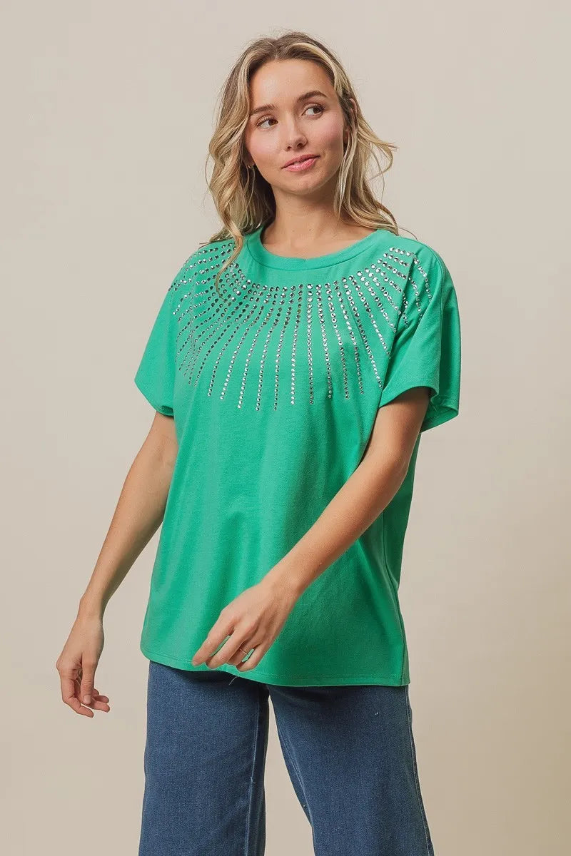 BiBi Rhinestone Beaded Short Sleeve Top in Jade